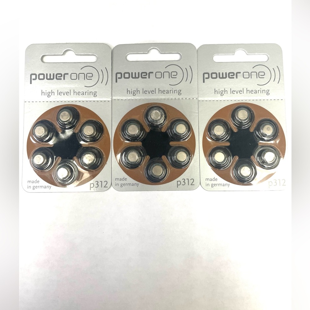 3pack of power one high level hearing aid batteries.